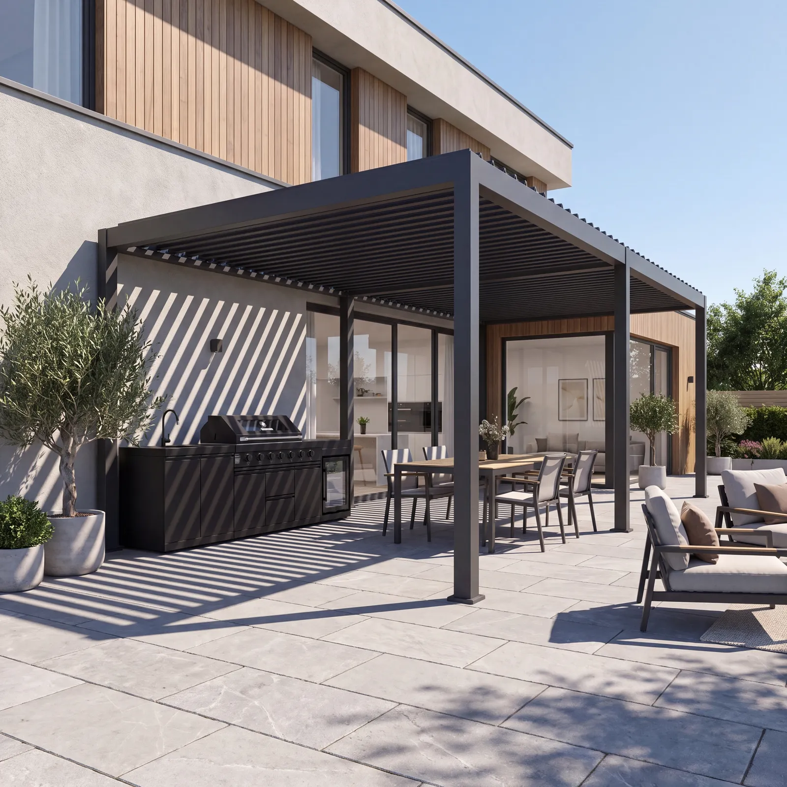 Premium outdoor kitchen beneath an aluminium pergola